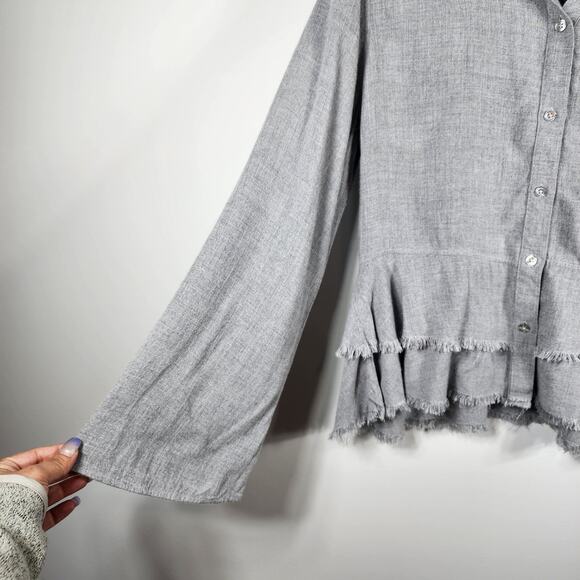 Cloth & Stone Gray Ruffled Long Sleeve Raw Edge Blouse Size Medium - Picture 2 of 7